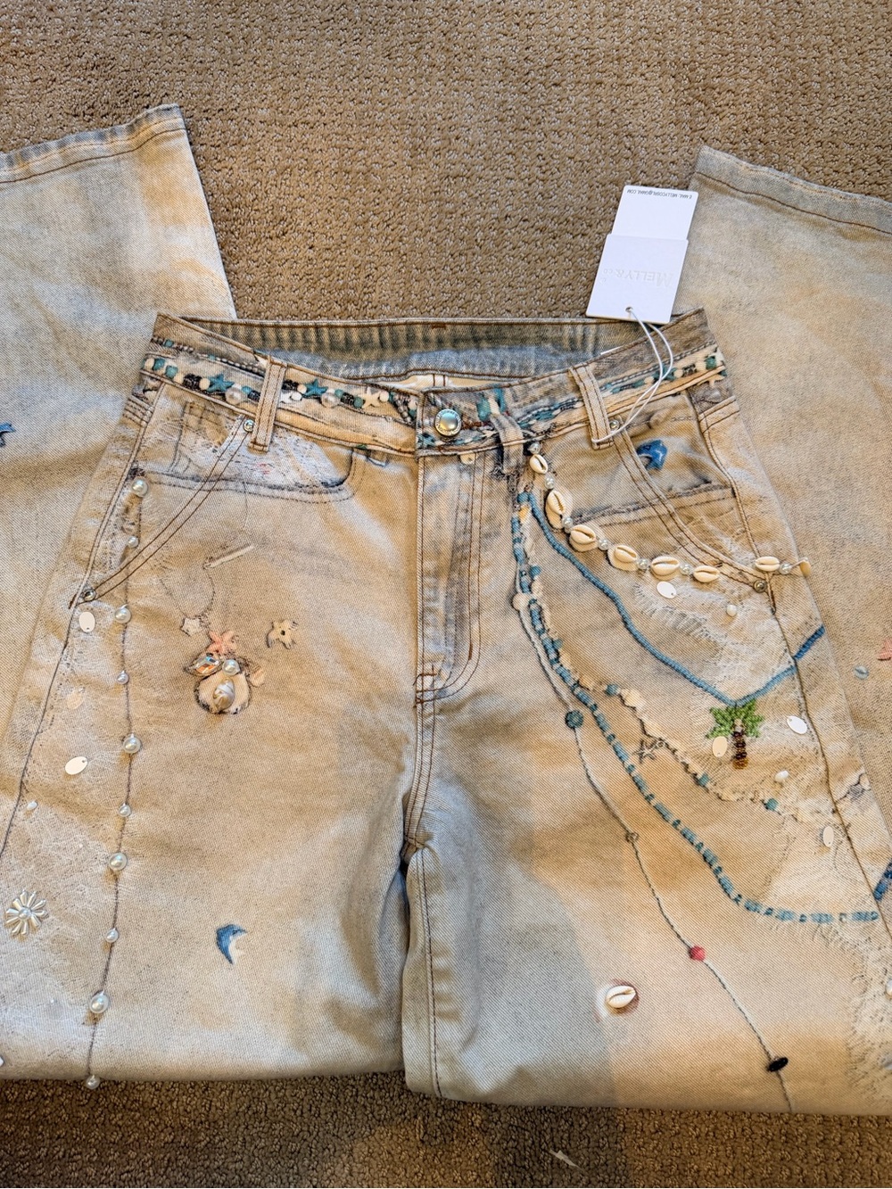 Boutique Light Wash Embellished and hand painted Wide-Leg Jeans NWT